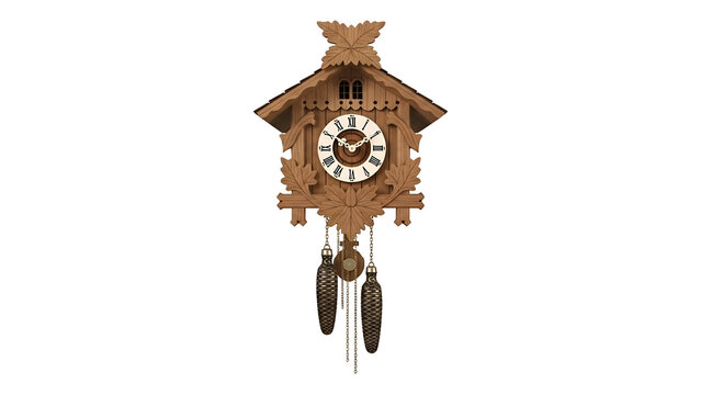 Carved wooden cuckoo clock with decorative leaves and weights