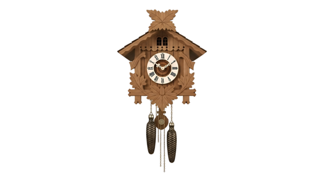 Carved wooden cuckoo clock with decorative leaves and weights