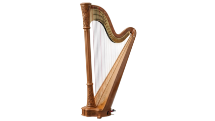 Elegant wooden harp with strings, ornate carvings, isolated
