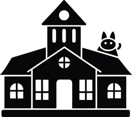 Black silhouette of a two-story building with a pointed roof, chimney, round window, square windows, and a cat on the roof