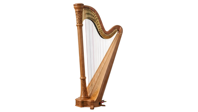 Ornate, wooden harp with many strings against a dark background