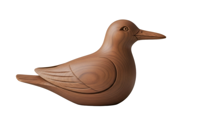 Carved wooden duck sculpture with visible grain on black background