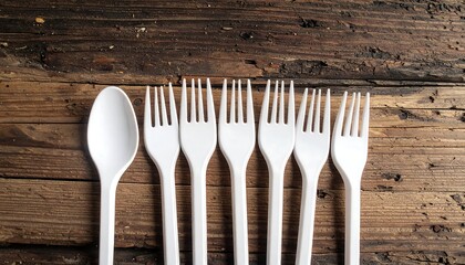 Overhead shot of a spoon and forks arranged on a rustic, wooden surface