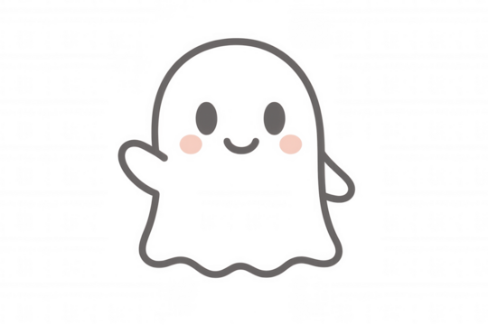 Cute smiling ghost cartoon waving hand for halloween or spooky party, transparent background