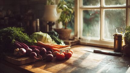 テーブルの上に置かれたたくさんの野菜
