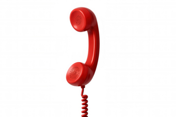 Red vintage telephone receiver with coiled cord, hanging, representing retro communication and urgent calls