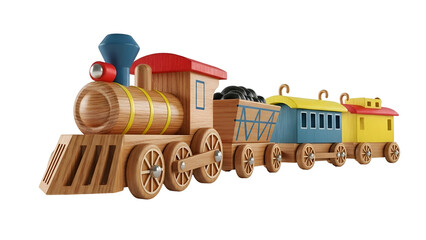 Wooden toy train with colorful carriages on black background