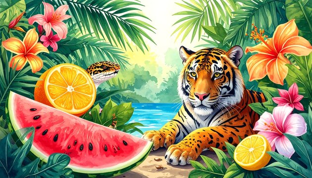 Vivid illustration of a tiger with fruits and flowers in a jungle setting