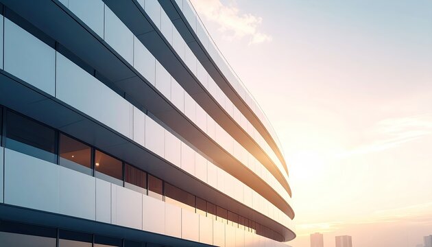 Curved Glass Highrise Building Facade Under a Warm Sunset Sky With City Skyline In The Distance