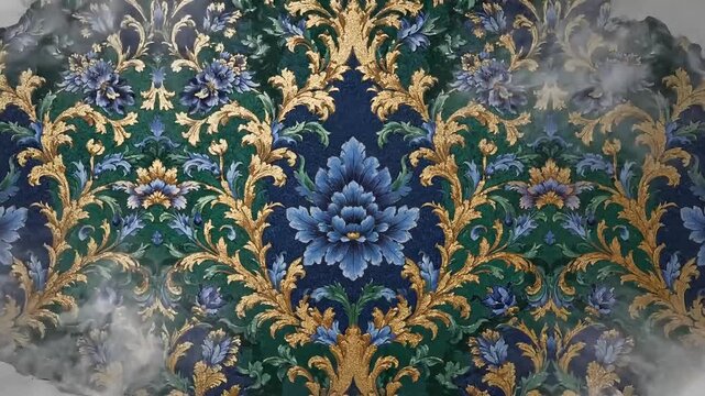 Floral damask pattern in deep blue, green, and gold with a vintage feel.
