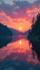 Serene Sunrise over Tranquil Lake Vibrant Colors Reflecting Peaceful Lifestyle, Ideal for Wellness, Travel, and Nature Photography