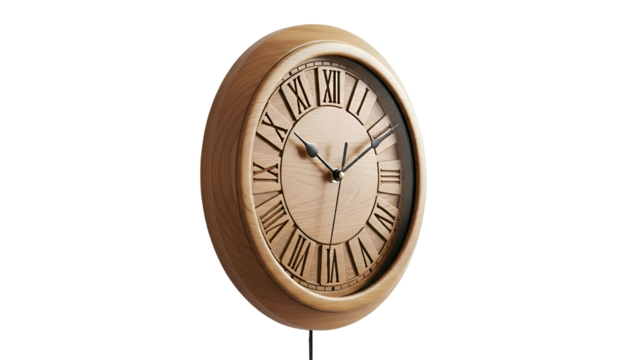 Round wall clock with roman numerals and wooden frame