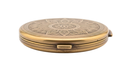 Ornate, round, bronze cosmetic compact; detailed floral pattern