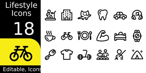 Lifestyle icons number eighteen with bicycle symbol on yellow background