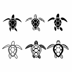 Illustration of six turtles, in various poses, drawn in black outline