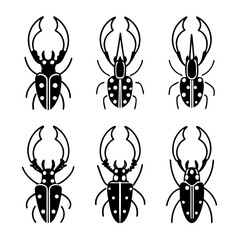 Set of stag beetle icons, featuring diverse horn shapes and body patterns in black and white