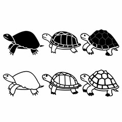 Collection of turtle icons, showcasing various shell designs and poses in black and white