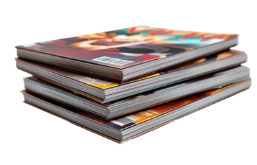 Stack of magazines, colorful covers, various shades