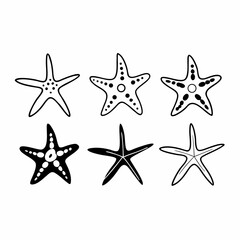 Collection of six black and white starfish illustrations for design and decoration