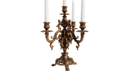 Ornate metal candelabra with candles, antique dark aesthetic