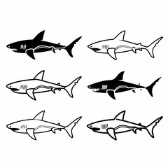 Six shark silhouettes in black and white, swimming in different directions