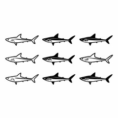 Nine shark silhouettes in black and white, swimming in different directions