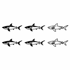 Six shark silhouettes in black and white, swimming in different directions