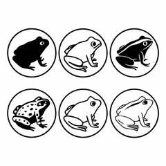 Collection of six frog icons in black and white, each within a circle