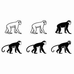 Six monkey icons in black and white, , perfect for pattern designs and backgrounds