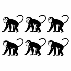 Six black monkey icons in a row, , perfect for pattern designs and backgrounds