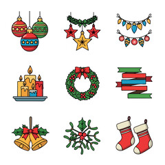 Fototapeta premium Colorful collection of Christmas holiday decoration icons and symbols.