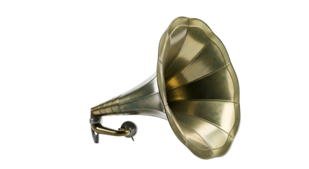 Antique brass-colored gramophone on black background, aged appearance