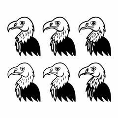Illustration of six vulture heads in various styles, showcasing avian diversity