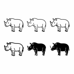 Illustration of rhinoceroses in black and white, featuring both filled and outlined designs