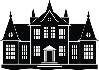 Detailed black silhouette of a grand manor house or mansion with multiple windows and prominent turrets, classical architecture.