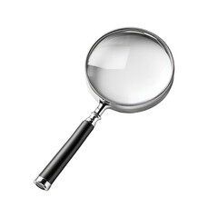 A magnifying glass,  clear lens, dark handle