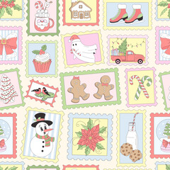 Retro Cute Merry Christmas Postage Stamp Aesthetic seamless pattern. Background for Journaling, Scrapbooking, Digital Planners and Collage Art