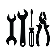 Black icons display a wrench, a screwdriver, and a pair of pliers on white