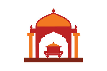Intricate indian palki procession design with a traditional temple arch frame on a clean white background