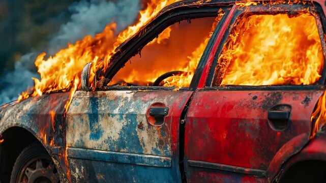 A burnt out car on fire with smoke coming out of the window