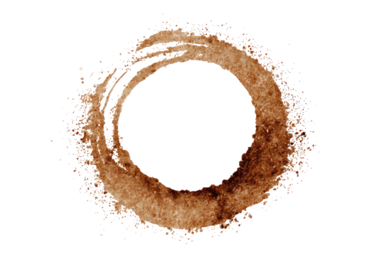 Circular, cosmic ring of brown and tan hues, speckled with small, faint points of color, against a black background.  A dark, central void