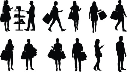 Shopping silhouettes vector set with men and women carrying bags, browsing store, retail customers, consumer lifestyle, purchasing, urban market illustration design