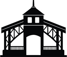 Classic wooden covered bridge silhouette vector design. Old pedestrian walkway graphic icon. Traditional countryside bridge vector illustration. Black historical structure symbol