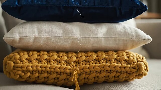 Cozy stack of textured throw pillows in warm, inviting colors on a sofa.