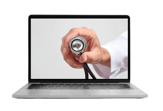 Laptop screen displaying a doctor's hand holding a stethoscope