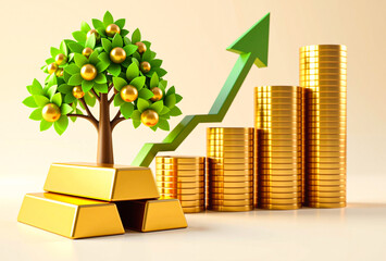 gold coin growth chart with tree symbolizing financial success and economic progress.
