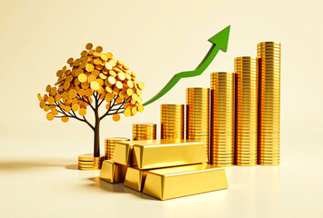 gold coin growth chart with tree symbolizing financial success and economic progress.
