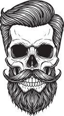 Bearded skull with mustache and pompadour hairstyle, vintage hipster skull illustration