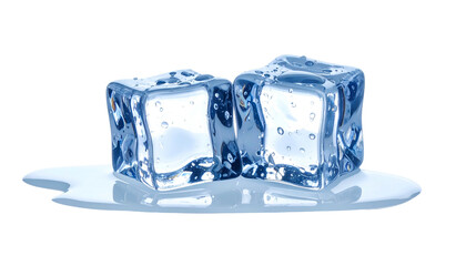 Two ice cubes melting on a black background, with water puddle