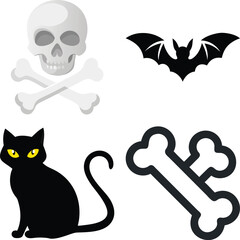 Vector art of halloween icons including a black cat, skull and crossbones, bat, and bone
